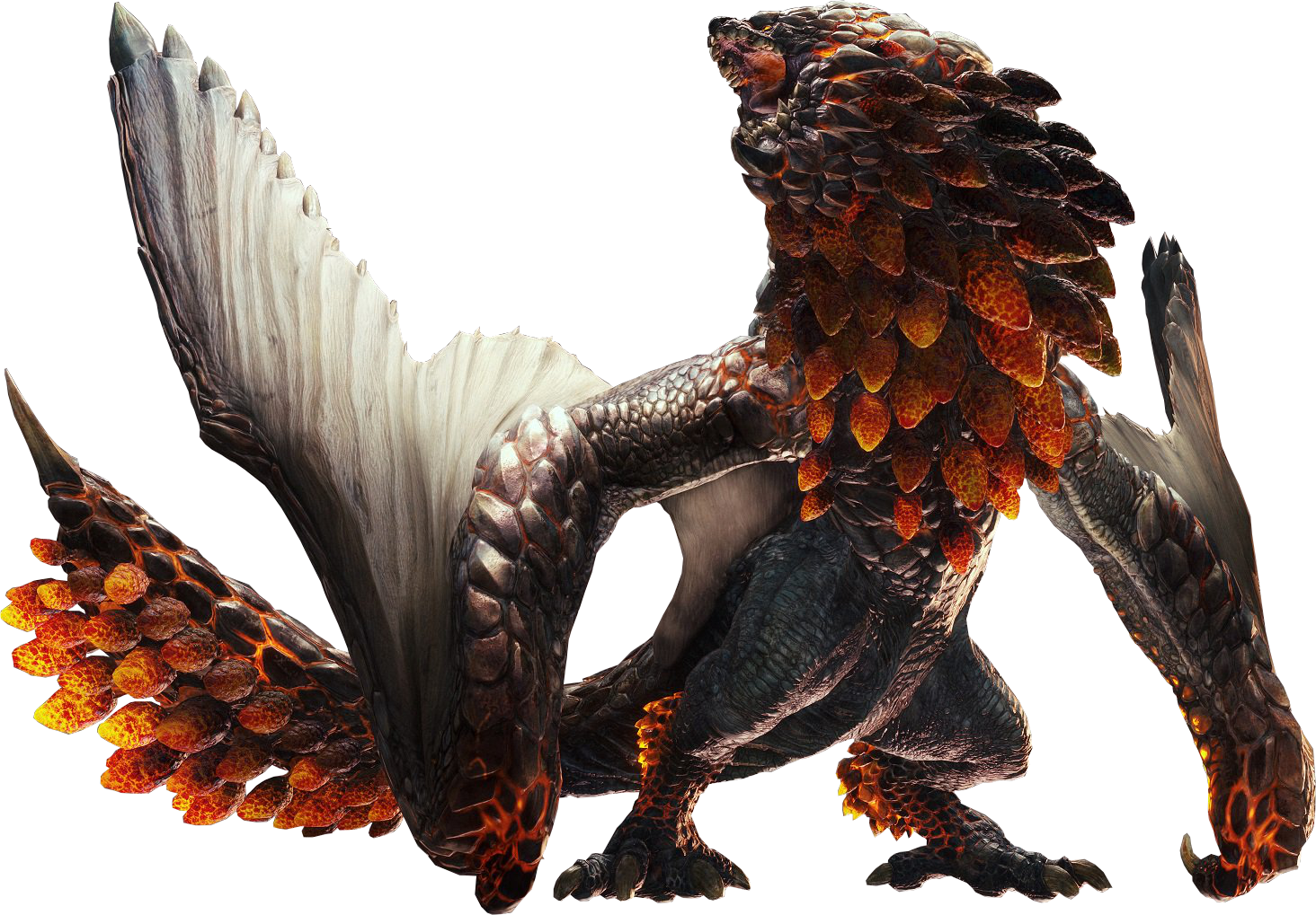 the official render of Bazelgeuse, a dragon from Monster Hunter Rise. it has a grey body and wings with a lion-like head and countless red-hot scales around its neck and tail
